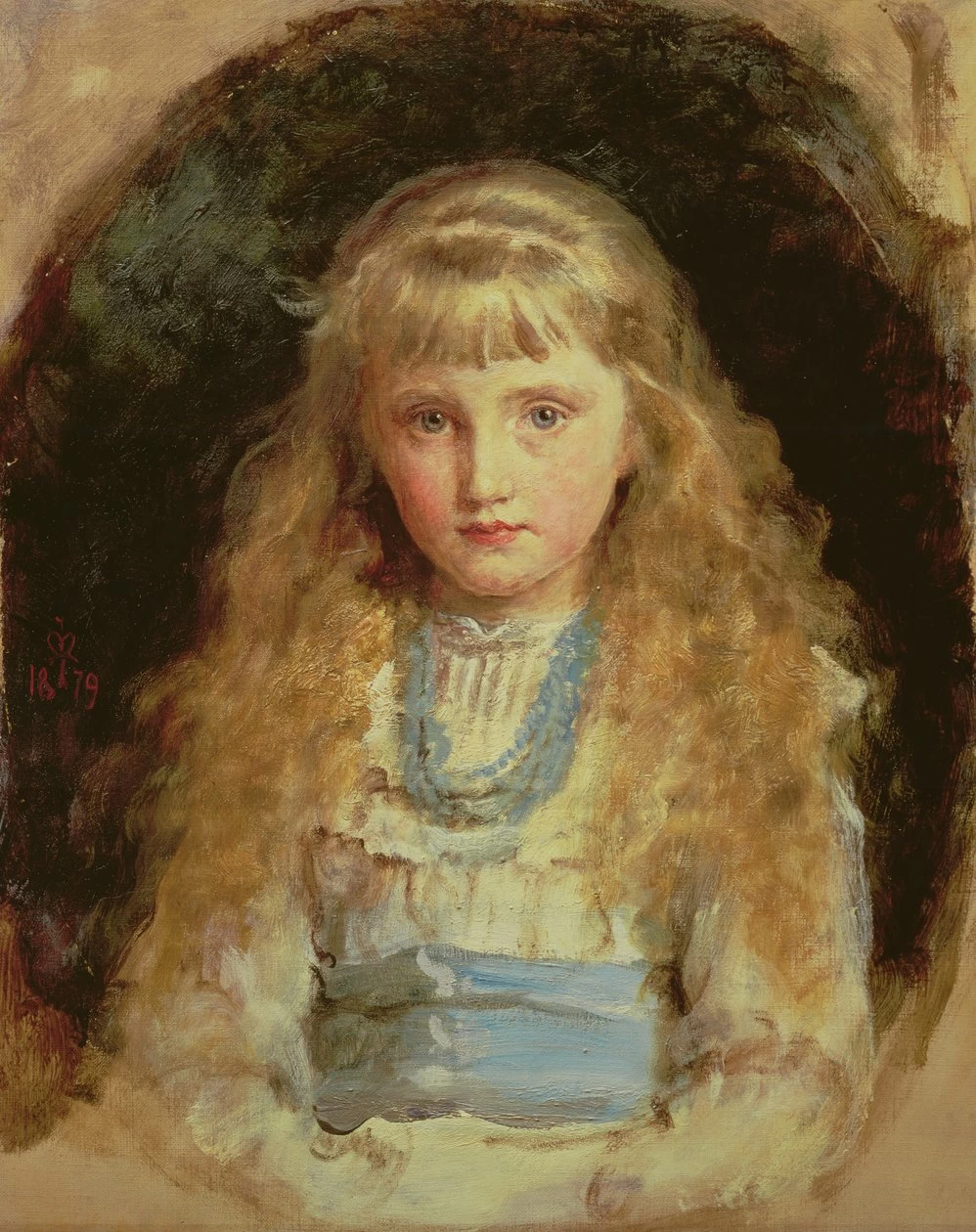 Ritratto di Beatrice Caird che indossa un abito bianco con una fascia blu